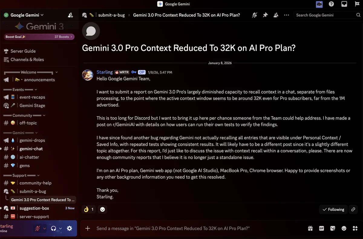 구글 지원 커뮤니티 제미나이 컨텍스트 유실 보고