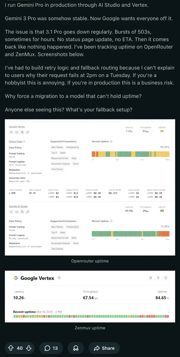 제미나이 3.1 프로 API 가동 시간 불안정 불만 게시물