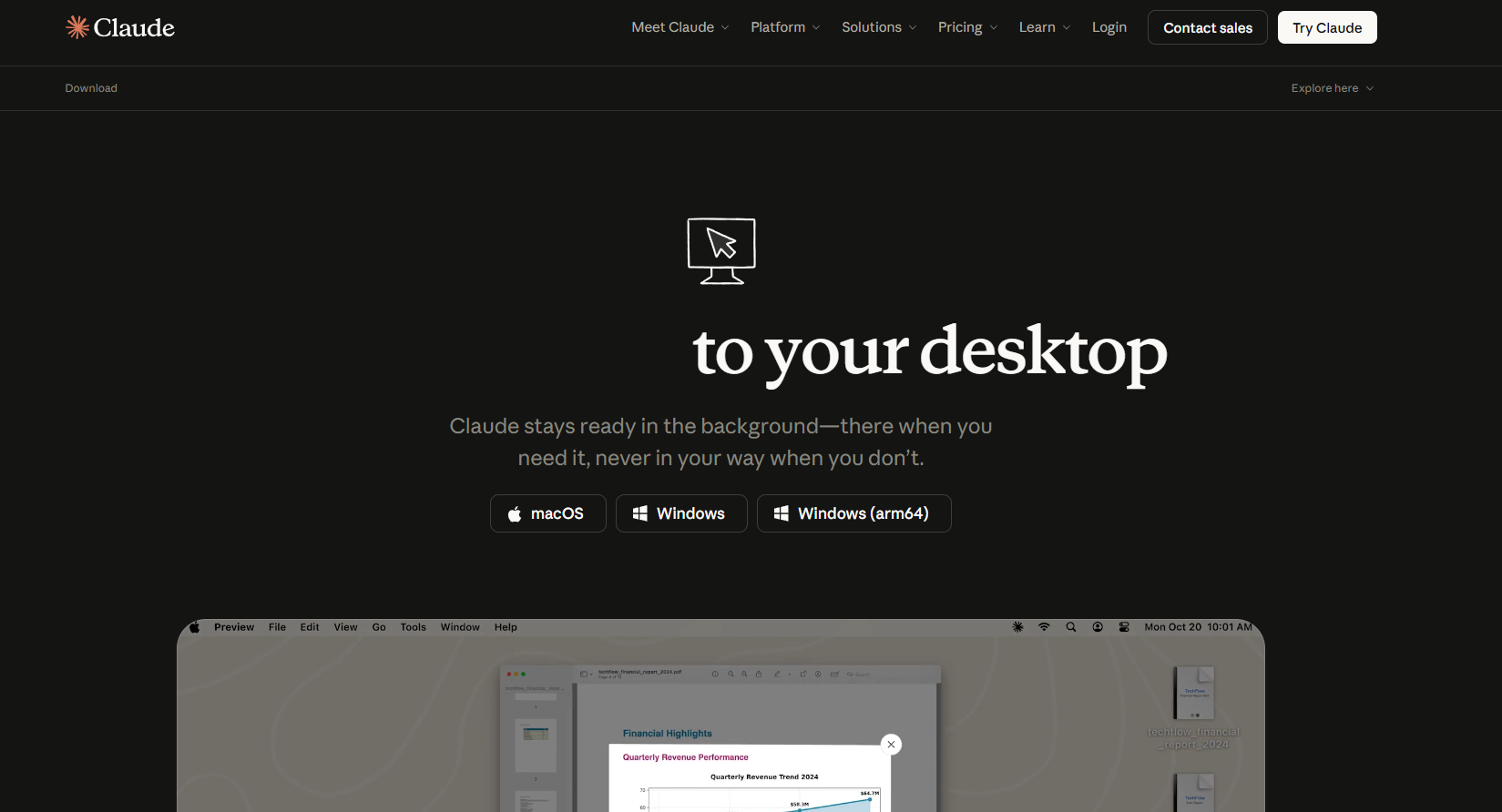 claude.com/download 페이지 - Bring Claude to your desktop